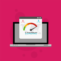 Laptop with speed test on the screen. Flat design people and technology concept. Vector illustration for web banner, business presentation, advertising material.