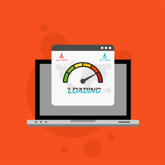 Laptop with speed test on the screen. Flat design people and technology concept. Vector illustration for web banner, business presentation, advertising material.