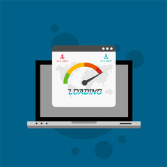 Laptop with speed test on the screen. Flat design people and technology concept. Vector illustration for web banner, business presentation, advertising material.