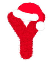 3D “Red fur feather carpet letter” creative decorative with Christmas hat, Character Y isolated in white background has clipping path and dicut. Design font for Christmas holiday fashion concept. 