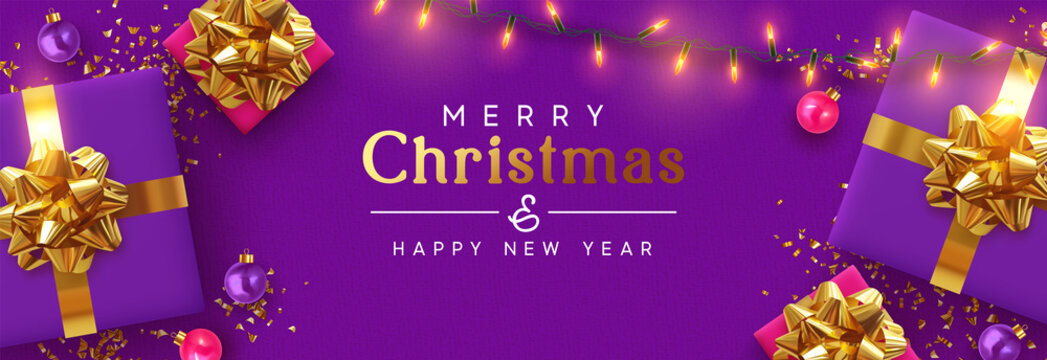 Holiday banner Merry Christmas and Happy New Year. Xmas design with realistic festive objects, purple gift box, lilac ball, light lamps garland, glitter gold confetti. Horizontal poster, flat top view