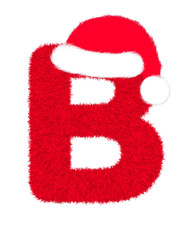 3D “Red fur feather carpet letter” creative decorative with Christmas hat, Character B isolated in white background has clipping path and dicut. Design font for Christmas holiday fashion concept.