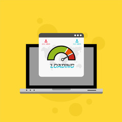 Laptop with speed test on the screen. Flat design people and technology concept. Vector illustration for web banner, business presentation, advertising material.