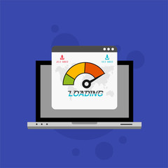 Laptop with speed test on the screen. Flat design people and technology concept. Vector illustration for web banner, business presentation, advertising material.