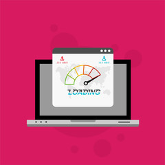 Laptop with speed test on the screen. Flat design people and technology concept. Vector illustration for web banner, business presentation, advertising material.