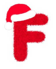 3D “Red fur feather carpet letter” creative decorative with Christmas hat, Character F isolated in white background has clipping path and dicut. Design font for Christmas holiday fashion concept. 