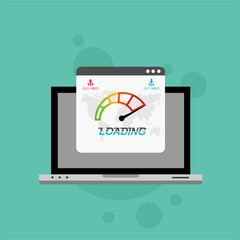 Laptop with speed test on the screen. Flat design people and technology concept. Vector illustration for web banner, business presentation, advertising material.