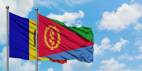 Moldova and Eritrea flag waving in the wind against white cloudy blue sky together. Diplomacy concept, international relations.