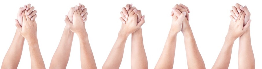 Group of Closeup hand of person touching hand healthy skin concept on white background.