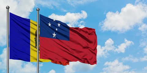 Moldova and Samoa flag waving in the wind against white cloudy blue sky together. Diplomacy...