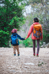 Fototapeta premium A woman with two children goes through the forest.