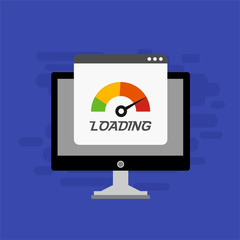 laptop with Speedometer Internet Speed icon. Website speed loading time. Vector illustration for web banner, business presentation, advertising material