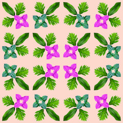 Naklejka na ściany i meble tropical exotic plant leaf,green leaves pattern are made new color for nature concept,abstract background for textile and fabric design,isolated on pink background