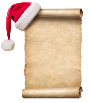Old paper scroll and christmas hat isolated 3d illustration