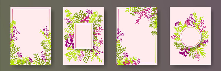 Watercolor herb twigs, tree branches, flowers floral invitation cards set. Herbal corners creative cards design with dandelion flowers, fern, mistletoe, olive branches, sage twigs.