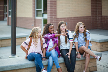 Candid photo of a group of teenage girls socializing, laughing and talking together at school. A multi-ethnic group of real junior high aged students sitting outside a school building