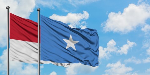 Monaco and Somalia flag waving in the wind against white cloudy blue sky together. Diplomacy concept, international relations.