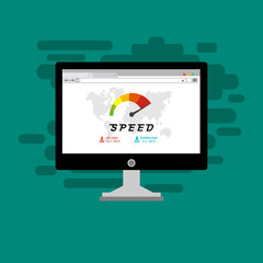 Laptop and internet speed. Loading page Seo and Development with Speedometer smartphone Technology