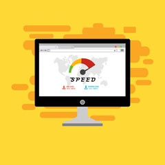 Laptop and internet speed. Loading page Seo and Development with Speedometer smartphone Technology