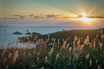 Beautiful sunrise on the shore of the Japanese sea