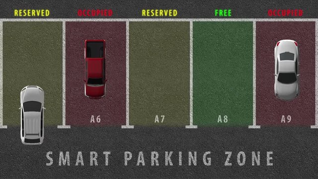 Smart parking zone for vehicles. Ability to reserve a parking space using the mobile application. Parking spots are highlighted in different colors. Cars occupy and free up parking spaces