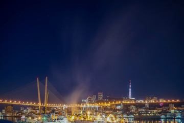 Night landscape of Vladivostok overlooking the Golden bridge