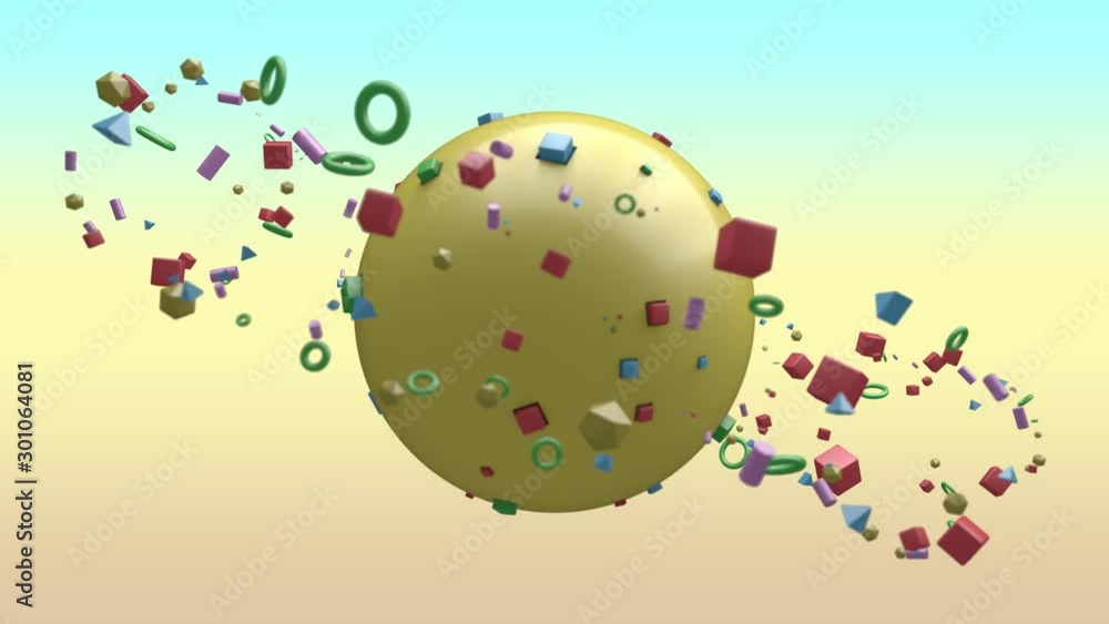 Poster 3d animation of a large ball with windows on the surface in which you can see cubes of different siz