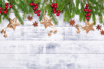 Christmas fir tree and gifts on wooden background. Top view Copy space - Image