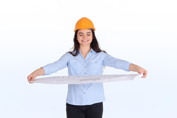 Female architect holding blueprint.