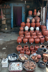 Earthen pots for sale at Kumbharwada, Mumbai, India