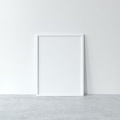 Vertical white frame mockup. Minimal white frame on concrete floor. 3d illustrations.