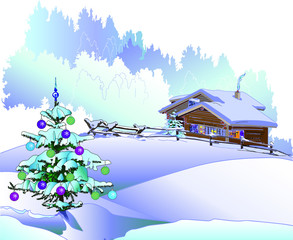 Christmas tree and a small wooden house in the winter forest.