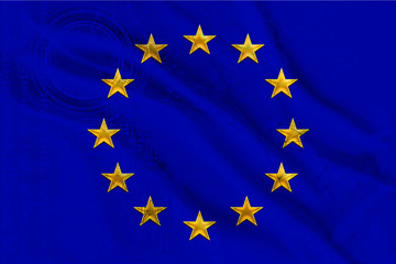 close-up photo of beautiful colored stylized European Union flag, symbol of united Europe on textured fabric, concept of tourism, emigration, economy and politics, close-up