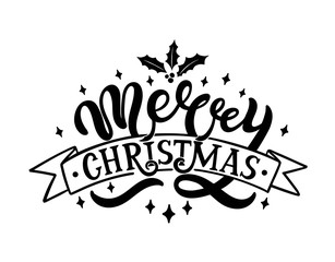 Merry Christmas. Hand drawn lettering. Best for Christmas / New Year greeting cards, invitation templates, posters, banners. Vector illustration