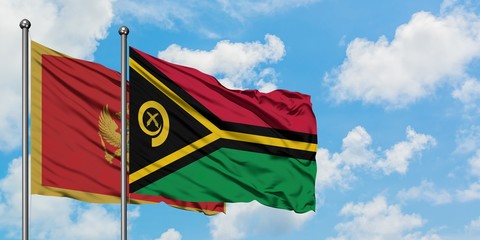 Montenegro and Vanuatu flag waving in the wind against white cloudy blue sky together. Diplomacy...