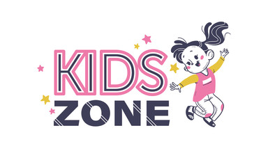 Kids zone emblem design with kids zone text, stars, happy girl jumping isolated on white background. Hand drawn vector illustration. For party decor, banner, playroom, playground backdrop.