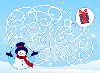 An entertaining maze game for children. Help the snowman find the way to the present. Puzzle for children. Labyrinth on the background of a winter landscape. Stock vector in cartoon design