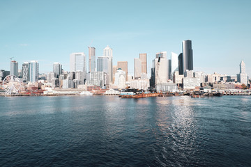 Fototapeta na wymiar Seattle watefron view from the ferry