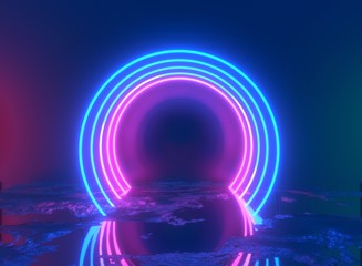 Glowing lines, tunnel, neon lights, virtual reality, abstract background, square portal, arch, pink blue spectrum vibrant colors, laser show. 3d rendering.