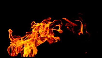 Fire flame isolated on black background. Beautiful movement of the flame.