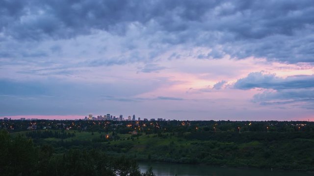 Downtown Edmonton, Alberta, Canada during a purple sunset 4K timelapse