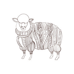 Fluffy Sheep in knitted sweater, hand drawn
