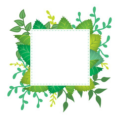 Earth Day banner with spring green leaves, branches. Wedding floral invitation, save the date card design with forest greenery herbs, foliage. Vector frame natural, botanical border, square template.