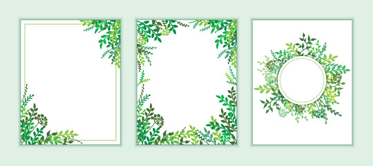 Earth Day banner with spring green leaves, branches. Wedding floral invitation, save the date card design with forest greenery herbs, foliage. Vector frame natural, botanical border, elegant template.