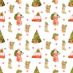 Christmas tree, Santa Claus, gifts watercolor illustration seamless pattern on white background.