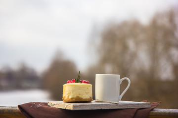 Christmas cheesecake traditional winter cake recipe . Cheese cake and coffee whole. winter natural river landscape.