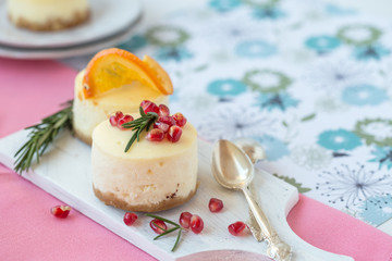 Heaps of various mini cheesecake is one type of chocolate cake. Vintage tone. Christmas cheesecake with mascarpone.