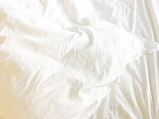 White Pillow On Bed And With Wrinkle Messy Blanket In Bedroom, From Sleeping In A Long Night Winter