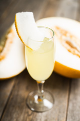 Traditional Italian cocktail Bellini with white melon. Selective focus. Shallow depth of field.