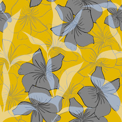 tropical plumeria on a yellow, mustard color background. Floral seamless pattern. Glossy print, gray flowers. for silk fabric, textile.